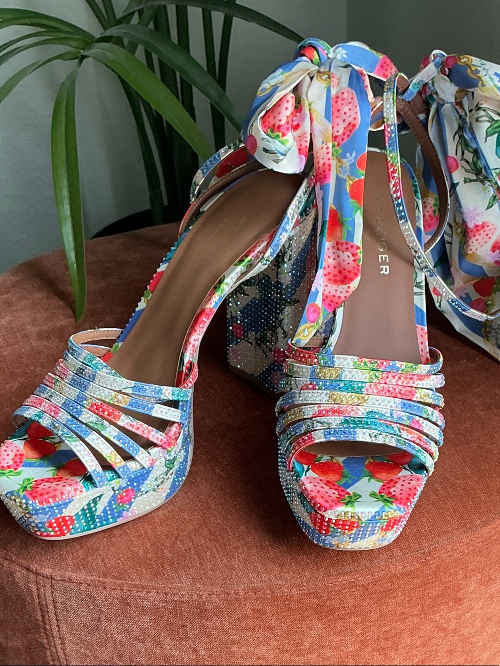 Kurt Geiger Blue Floral Strawberry Platform Heels with Rhinestone Straps